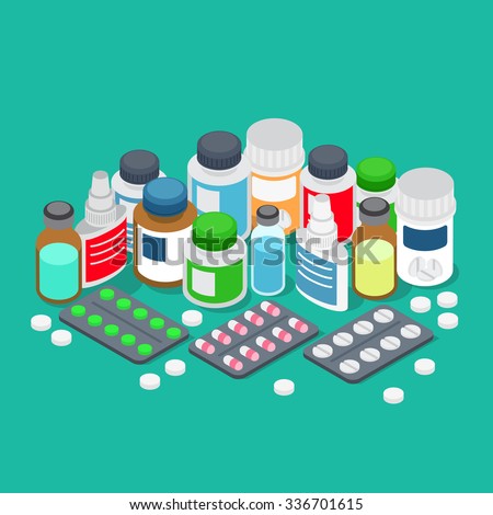 Flat 3d isometric pharmaceutics pharmacy drug store cure healthcare medical prescription medicine chest first aid kit medicine medicament concept web infographics vector illustration. Tablet pill drop