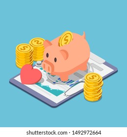 Flat 3d isometric piggy bank and stethoscope with piles of coins. Financial health and health insurance concept.