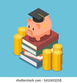 Flat 3d isometric piggy bank with graduation cap on the stack of book. Investment in education concept.