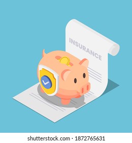 Flat 3d Isometric Piggy Bank Full of Money with Shield on The Insurance Document. Money Protection and Financial Saving Insurance Concept.