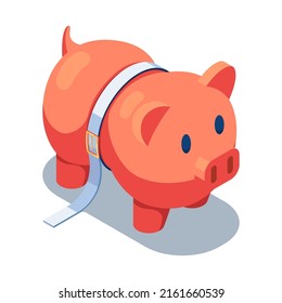 Banco 3d Isometric Piggy Plano Exprimido por un cinturón de apriete. Concepto de gestión de dinero y crisis financiera.