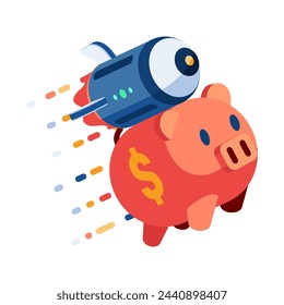 Banco de cerdito isométrico 3d plano con cohete volando hacia arriba. Concepto de ahorro de dinero y crecimiento de tasas de interés