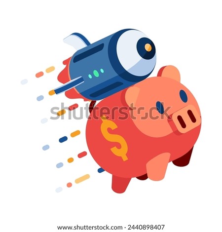 Flat 3d Isometric Piggy Bank with Rocket Flying Up. Money Saving and Interest Rate Growth Concept
