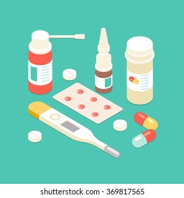 Flat 3d isometric Pills and bottles set. Medicine pills vector illustration. 
