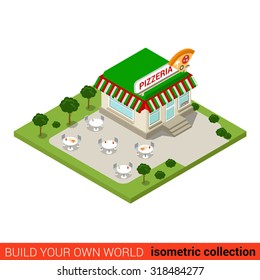 Flat 3d isometric pizzeria pizza restaurant building block infographic concept. Street Italian fast food dinner. Build your own infographics world collection