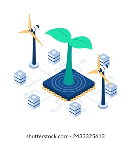 Flat 3d Isometric Plant Growth on Computer Microchip. Eco Technology Concept.