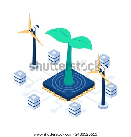Flat 3d Isometric Plant Growth on Computer Microchip. Eco Technology Concept.