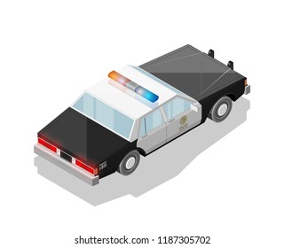 Flat 3D isometric police car model. City transport automobile set. Sedan police auto. Urban classic motor vehicle. Quality auto infographic design and game. Vector isometric police automobile icon set