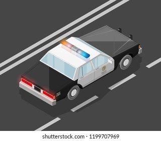 Flat 3D isometric police car model. City transport automobile road. Sedan police auto. Urban classic motor vehicle. Quality auto infographic route. Vector isometric police automobile street icon set