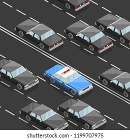 Flat 3D isometric police car model. City transport automobile road. Sedan police auto. Urban classic motor vehicle. Infographic traffic route. Vector isometry police automobile street traffic icon set