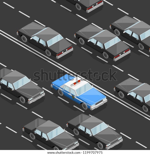 Flat 3D isometric police car model. City transport\
automobile road. Sedan police auto. Urban classic motor vehicle.\
Infographic traffic route. Vector isometry police automobile street\
traffic icon set