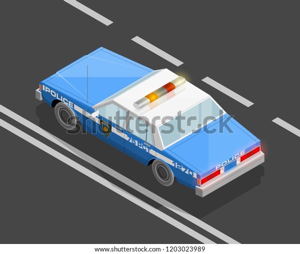 Flat 3D isometric police car model. City transport\
automobile road. Sedan police auto. Urban classic motor vehicle.\
Quality auto infographic route. Vector isometric police automobile\
street icon set