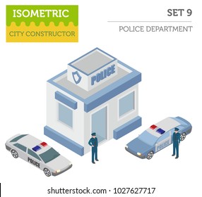 Flat 3d isometric Police Department and city map constructor elements such as building, police officer, car, parking isolated on white. Build your own infographic collection. Vector illustration