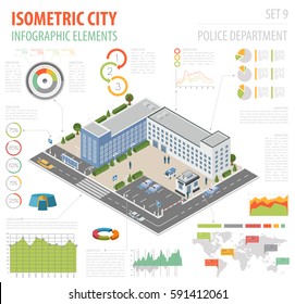 Flat 3d isometric Police Department and city map constructor elements such as building, police officer, car, parking isolated on white. Build your own infographic collection. Vector illustration