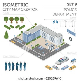 Flat 3d isometric Police Department and city map constructor elements such as building, police officer, car, parking isolated on white. Build your own infographic collection. Vector illustration