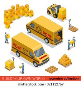 Flat 3d isometric postal service warehouse staff delivery van loading concept. Men loader forklift pallet package parcel manipulation. Build your own world collection.