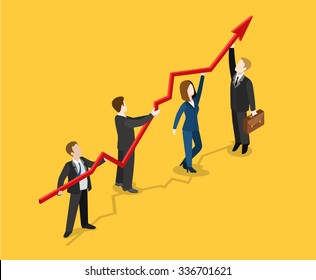 Flat 3d isometric profit indicator growth concept web infographics vector illustration. Businesspeople holding rising red graphic line with arrow. Creative people collection.