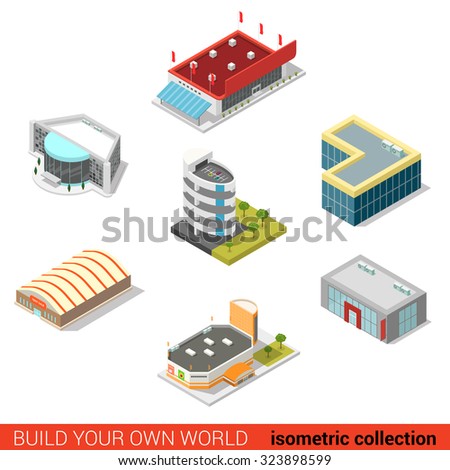 Flat 3d isometric public buildings block infographic concept. Ice hockey arena parking car dealership tent sale mall supermarket cinema. Build your own infographics world collection.