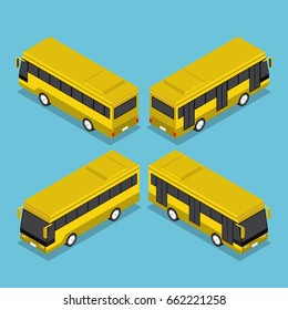 Flat 3d Isometric Public Transport Bus Service, Public Transportation Vehicles