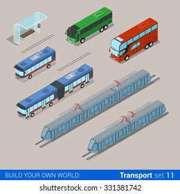 Flat 3d isometric railroad and city transport building block infographic set. Transportation trolley tram bus stop. Build your own infographics world collection.