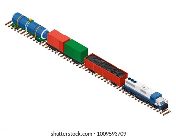 Flat 3d isometric railroad locomotive carriage cistern tank transport building block infographic set. Transportation puffer loco coal wood container car. Build your own infographics world collection.