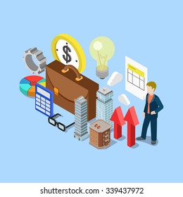 Flat 3d Isometric Realty Estate Financial Accounting Bookkeeping Business Concept Web Infographics Vector Illustration. Briefcase Cog Lamp Calculator Skyscraper Micro Man. Creative People Collection.