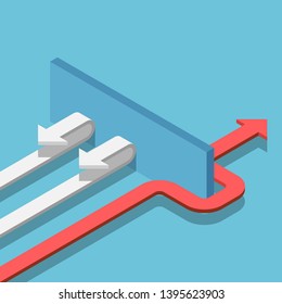 Flat 3d isometric red arrow find the way through the wall to success. Business solution concept.