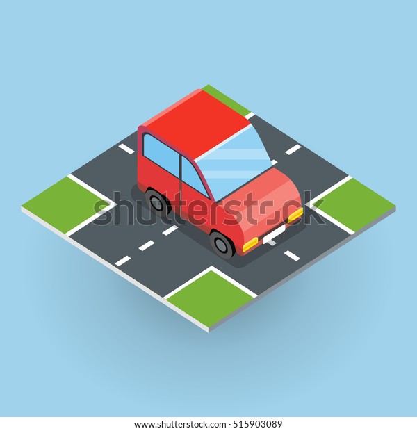 Flat 3d isometric red car on isometric part of road\
. City transport icon. Motor icon. Isometric part of the city\
infrastructure. Isometric car icon. Isometric automobile. Machine\
icon