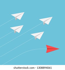 Flat 3d isometric red paper airplane changing direction from the group. Stand out from the crowd and think different concept.