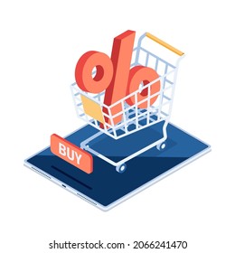 Signo plano 3d de porcentaje rojo isométrico en el carro de compras en tableta digital. Compras en línea y concepto de gran descuento.