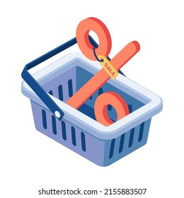 Flat 3d Isometric Red Percentage Sign In Shopping Basket. Marketing Concept.