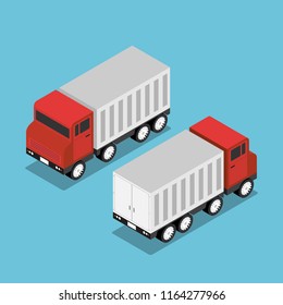 Flat 3d isometric red truck with white trailer. cargo transportation and logistic concept.