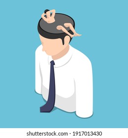 Flat 3d Isometric Relaxed Businessman Resting Inside Himself Head. A Time for Relax and Vacation Concept.