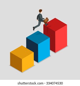 Flat 3d isometric report indicator rush business statistics concept web infographics vector illustration. Businessman run up bar graphic. Creative people collection.