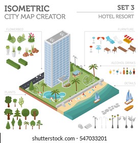 Flat 3d isometric resort hotel  and city map constructor elements such as building, beach, swimming pool, garden isolated on white. Build your own infographics collection. Vector illustration