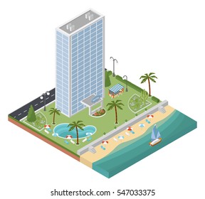Flat 3d isometric resort hotel  and city map constructor elements such as building, beach, swimming pool, garden isolated on white. Build your own infographics collection. Vector illustration