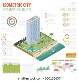 Flat 3d isometric resort hotel  and city map constructor elements such as building, beach, swimming pool, garden, nature isolated on white. Build your own infographics collection. Vector illustration