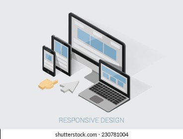 Flat 3d isometric responsive web design infographic concept vector. Webdesign website interface on different device screens. Smart phone tablet laptop desktop office computer arm finger touch cursor.