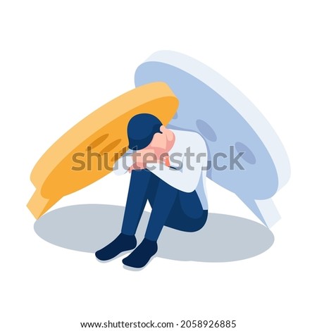 Flat 3d Isometric Sad Businessman Sitting Under Speech Bubbles. Hate Speech and Cyberbullying Concept.