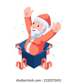 Flat 3d Isometrisches Weihnachtsmann kommt aus der Black Present Box. Weihnachtsverkaufskonzept.