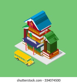 Flat 3d isometric school building education knowledge learning tuition concept web infographics vector illustration. Books forming school buildings roof parked bus. Creative people collection.