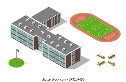 Flat 3d isometric school building, bus, stadium isolated on white. Vector illustration isolated on white. Elements of infographic collection.