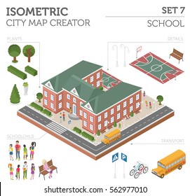 Flat 3d Isometric School And City Map Constructor Elements Such As Building, Schoolchild, Bus Isolated On White. Build Your Own Infographic Collection. Vector Illustration