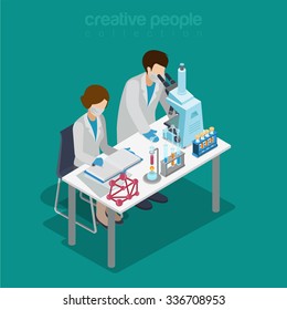 Flat 3d isometric science lab experiment research pharmaceutics chemical concept web infographics vector illustration. Couple scientist assistant microscope flask test tube. Creative people collection