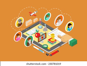 Flat 3d isometric science, online education, teaching and coaching on tablet infographic concept vector. People avatars connected, book, flask, apple, computer, document, report and finger touch.