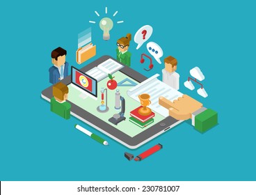 Flat 3d isometric science, scientific research, education, teaching, coaching, e-learning, class infographic concept vector. People around tablet with microscope, flask, books, report, cup and apple.