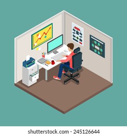 Flat 3d isometric SCRUM process concept. Web style modern infographics with digital office workplace. Programmer, business analyst, code developer junior / senior coder / team leader / product owner.