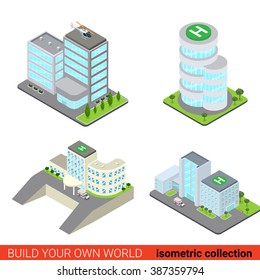Flat 3d isometric set of business office center block building glass skyscraper hospital ambulance helipad roof top block infographic concept. Build your own infographics world collection.