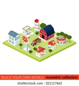 Flat 3d isometric set of countryside infographic farm buildings. Country side barn warehouse storage shop tractor windmill water pump house. Build your own infographics world collection.