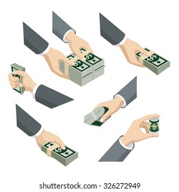 Flat 3d isometric set of hands with dollar notes packs web infographics vector concept. Give take roll pack squeeze. Creative people collection.